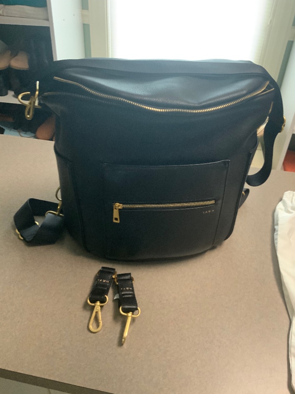 Fawn Black Leather Backpack Diaper Bag